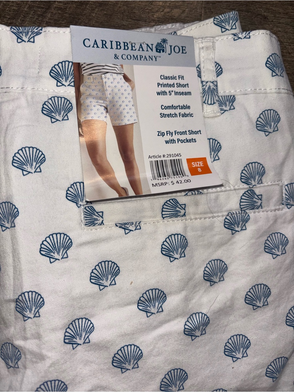 NWT Caribbean Joe White Cotton Shorts with Blue Shell Print 5”inseam - Picture 4 of 5